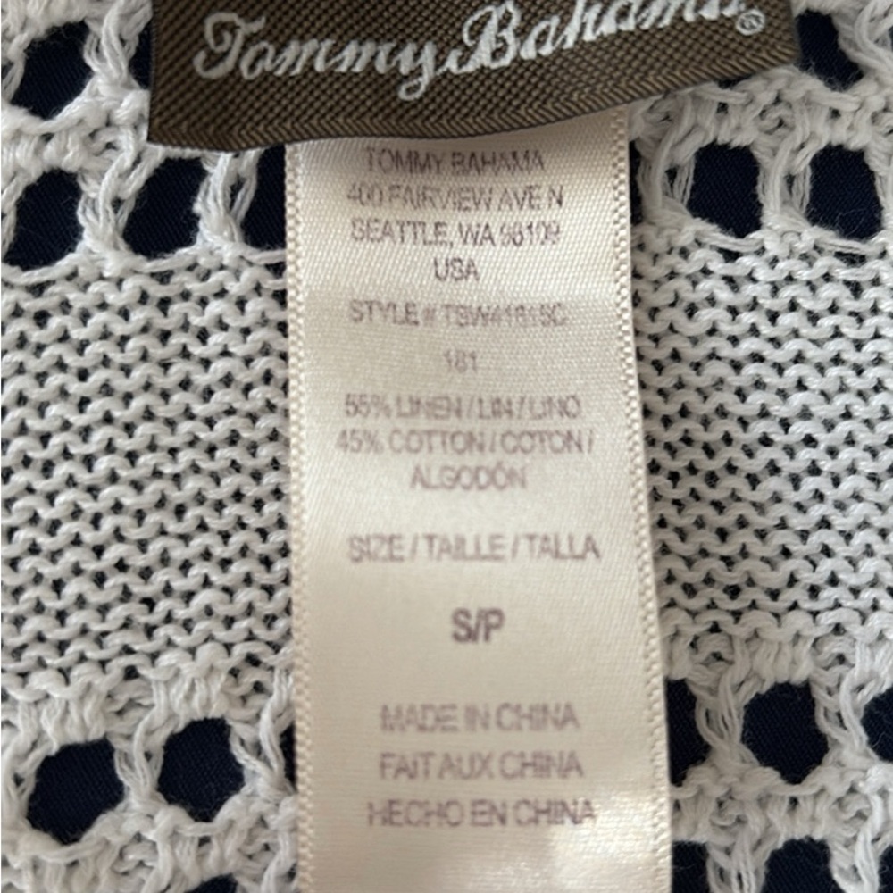 Tommy Bahama Cream Crochet Knit Top with Navy Underlay